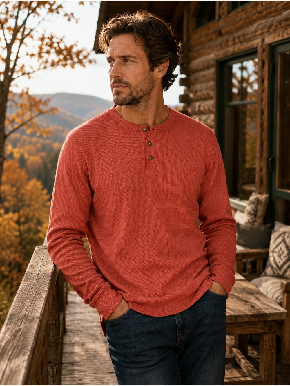 Roundtree & Yorke Men’s 100% Cotton Waffle Henley Dark Orange L NWT